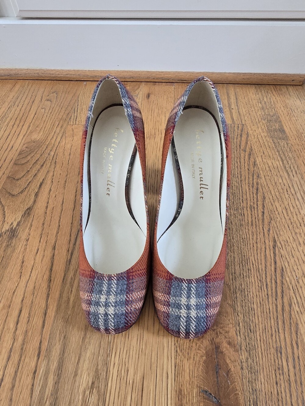 Bettye Muller Orange and Gray Plaid Block Heel Pumps - Picture 2 of 12